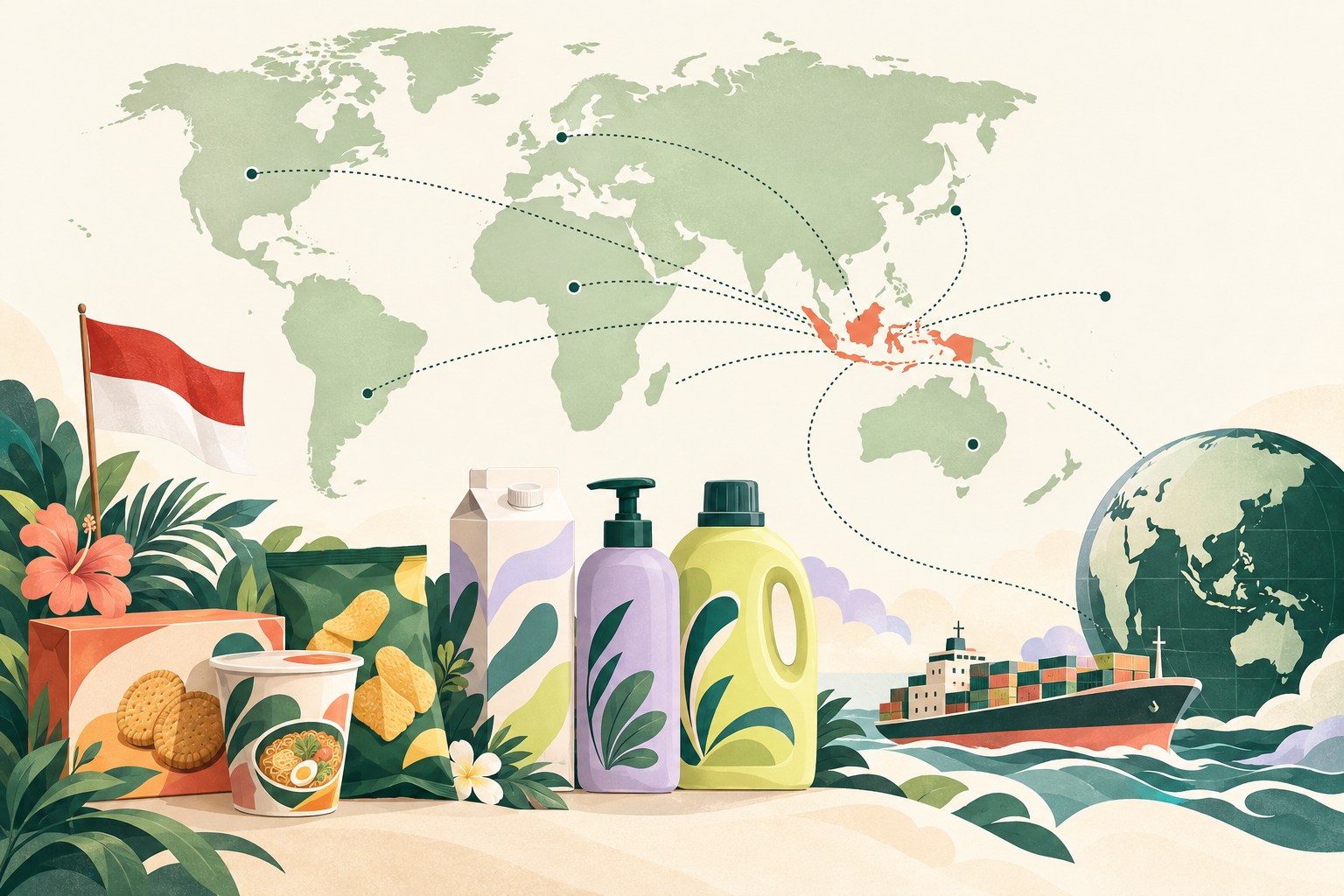Illustrated world map with Indonesian FMCG products and export routes to global markets